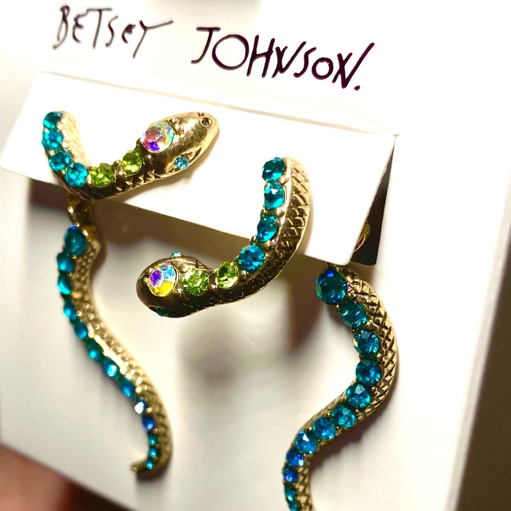 New Betsey Johnson Snake Earrings Pave Crystal Blue Green*